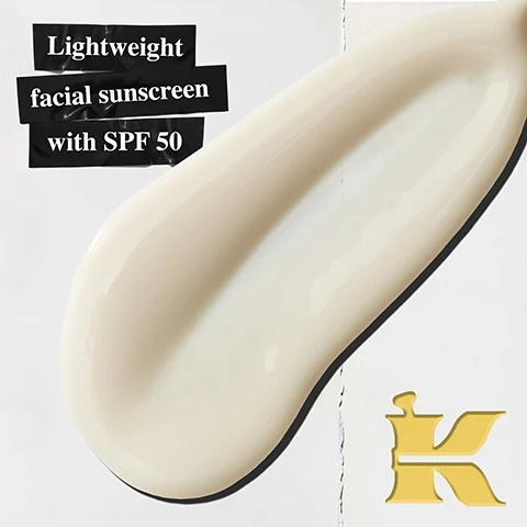 Image 1 - A large, creamy off-white smear of sunscreen is shown on a white background with a gold K logo in the bottom right, accompanied by text that reads Lightweight facial sunscreen with SPF 50. Image 2 - A yellow background features three black labels stating SPF 50, UVA/UVB, and PROTECTION, alongside a partially visible white tube of Kiehls Ultra Light Daily UV Defense Sunscreen SPF 50 PA +++ High Protection, 1.0 fl. oz. - 30 ml. Image 3 - A yellow background with a torn edge separates text on the left from a molecular structure overlaying a white cream texture on the right, with the text Our Formula With: SPF 50 UVA/UVB Adenosine.