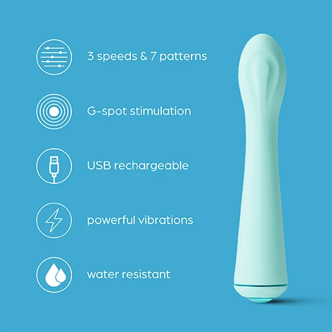 Image 1 - A light blue vibrator is shown against a blue background, with icons and text indicating features: 3 speeds & 7 patterns, G-spot stimulation, USB rechargeable, powerful vibrations, and water resistant.
Image 2 - Image of a sleek, curved vibrator with a soft blue tip, accompanied by text that reads Curved Tip The curved tip is perfect for hitting that elusive G-spot as well as clitoral stimulation.
Image 3 - A close-up image of a teal vibrator with an icon of sound waves above it, accompanied by the text Powerful vibrations The powerful vibrations deliver a range of settings to choose from.
Image 4 - A hand is holding a light blue vibrator with a curved tip against a solid teal background, accompanied by text that reads G-spot stimulation Angle and flex the internal stimulator for G-spot satisfaction.