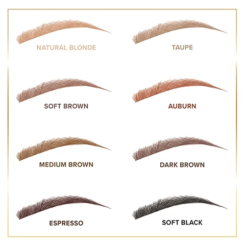 Image 1 - A grid of eyebrow hair colors labeled from top to bottom and left to right as follows: Natural Blonde, Taupe, Soft Brown, Auburn, Medium Brown, Dark Brown, Espresso, and Soft Black.
Image 2 - Five brow pencils in various colors laid out on a pink background, with text highlighting features: micro-fine bevel-tipped brow detailer, hyper-precise pencil, waterproof, smudge proof, super longwearing, and conditions brows with vitamin E-infused formula.
Image 3 - A heart made of flowers on a pink background with the word VEGAN prominently displayed in black.