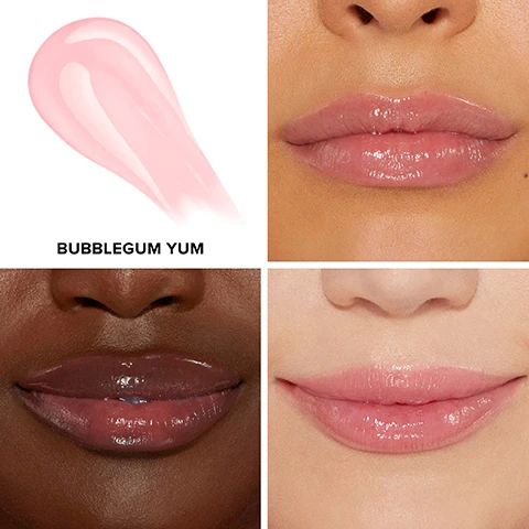 Image 1 - A swatch of pink lip gloss labeled BUBBLEGUM YUM is shown alongside close-up images of four different lips: a glossy dark brown lip, a smooth medium skin tone lip, and a glossy light pink lip.
Image 2 - Image shows a close-up view of a models lips, with the left side labeled BEFORE appearing natural and matte, while the right side labeled AFTER shows glossy, enhanced lips; text on the image reads MODEL IS WEARING SHADE BUBBLEGUM YUM.
Image 3 - Close-up image of a models lips showing two sides labeled BEFORE and AFTER, with the after side appearing plumper and glossy, and the visible text reads MODEL IS WEARING SHADE BUBBLEGUM YUM.
Image 4 - Close-up of a models lips showing a before and after comparison, with the left side labeled BEFORE displaying natural-colored lips and the right side labeled AFTER showcasing glossy lips in a pink shade, with visible text stating MODEL IS WEARING SHADE BUBBLEGUM YUM.
Image 5 - An image of a lip plumping product with the text showing percentage results: 93% said lips look fuller and more plump, 97% said it delivers instant results, and 97% said lips feel moisturized, along with a small footnote about a consumer study conducted in December 2015.
Image 6 - Image of various lip plumping products from Too Faced, including Lip Injection Extreme Lip Plumper, Lip Injection Extreme Plumping Clicks, Lip Injection Maximum Plump, Lip Injection Extreme Lip Shaper, Lip Injection Lip Gloss, and Lip Injection Liquid Lipstick, with descriptions for each product listed below; visible text includes product names and descriptions of effects and shades.