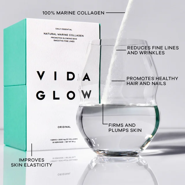 100% Marine Collagen, reduces fine lines and wrinkles, promotes healthy hair and nails, firms and plumps skin, improves skin elasticity