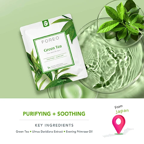 Image 1, FOREO Green Tea PURIFYING + SOOTHING KEY INGREDIENTS Green Tea⚫ Ulmus Davidiana Extract Evening Primrose Oil From Japan Image 2, ideal for - oily skin prone to blemishes, dull skin tone, skin irritated by environmental stressors. image 3, plant based ingredients, for all skin types, dermatologist tested. image 4, 100% natural tencel material. biodegradable. natural ingredients. antibacterial tencel. ultra soft and light weight. 50% more absorbent and 10 times more bacteria resistant than cotton. image 5, dual mode sheet masks. mode 1 slow it down. as a regular relaxing sheet mask. mode 2 speed it up with WGO. hyper infuse actives with UFO full facial device.