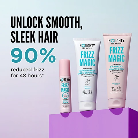 image 1, unlock smooth, sleek hair. 90% reduced frizz for 48 hours. image 2, 93% reduced frizz for 24 hours. 90% reduced frizz for 48 hours. results based on instrumental study, treated using 3 piece frizz magic range vs untreated hair. image 3, 8 times smoother, sleeker hair for 24 hours. 7 times smoother, sleeker hair for 48 hours. results based on instrumental study treated using 3 piece frizz magic range vs untreated hair. image 4, untreated after 48 hours. noughty treated after 48 hours. results based on instrumental study treated with shampoo, conditioner and serum vs untreated hair.