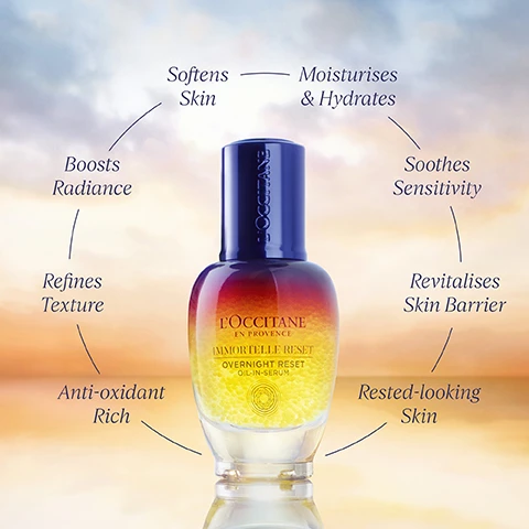 Image 1 - A bottle of LOccitane Immortelle Reset Overnight Reset Oil-in-Serum is centered against a soft gradient background, surrounded by text that reads: Softens Skin, Moisturises & Hydrates, Soothes Sensitivity, Revitalises Skin Barrier, Rested-looking Skin, Boosts Radiance, Refines Texture, Anti-oxidant Rich.
Image 2 - Close-up of a womans face showcasing her ear and smooth skin, with text detailing skin improvements over time: 1 night - Skin appears revitalised, rested & radiant; 7 nights - Fine lines look softer, skin texture is refined; 28 nights - Skin appears youthful, healthier-looking & renewed.
Image 3 - An image of two LOccitane skincare products: a larger bottle labeled Immortelle Reset Overnight Reset Oil-in-Serum and a smaller bottle labeled Immortelle Reset Overnight Reset Eye Serum, both placed against a soft gradient background with the text Overnight Reset ROUTINE above.
Image 4 - A close-up image of yellow flowers with a soft, golden background, featuring the text 100% ORGANIC IMMORTELLE ESSENTIAL OIL This essential oil from Corsica is praised for its ability to effectively smooth & even skin while boosting radiance.
Image 5- A tractor and two farmers work in a vibrant yellow flower field with mountains in the background, featuring the text that reads: We Are Committed To PROTECTING NATURE & OUR PRODUCERS For over 20 years we have sustainably cultivated native & organic immortelle in Corsica, supporting diverse wildlife and local farmers.
