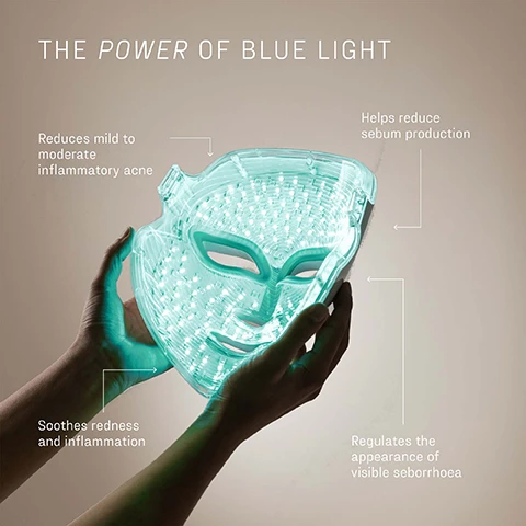 Image 1 - A person holds a clear facial mask with many small blue lights glowing inside, with text describing its benefits: THE POWER OF BLUE LIGHT. Reduces mild to moderate inflammatory acne. Soothes redness and inflammation. Helps reduce sebum production. Regulates the appearance of visible seborrhoea. Image 2 - Two hands hold a transparent red light therapy mask filled with glowing red LEDs, with text that reads: THE POWER OF RED LIGHT, An effective treatment for skin rejuvenation, Boosts cellular repair and renewal, Restores and maintains optimum cell function, Visibly improves the signs of skin ageing. Image 3 - A persons hands hold up a clear, illuminated LED light-therapy facial mask, with text describing its benefits: THE POWER OF NEAR-INFRARED LIGHT, Clinically-proven to stimulate cellular immune response, Reduces the appearance of scars, Restores and maintains optimum cell function, Enhances blood circulation. Image 4 - A pair of hands holds a glowing green LED light therapy face mask, with text on the image reading THE POWER OF GREEN LIGHT, Targets dullness and uneven texture, Improves the appearance of hyperpigmentation, Reduces inflammation and stimulates cell turnover, Supports healthy skin tone and overall radiance.
