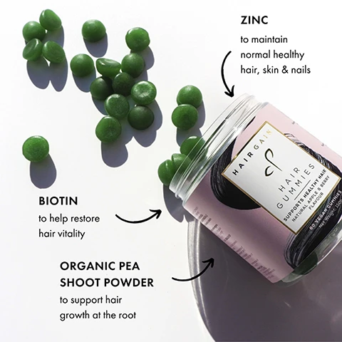 Image 1 - Green gummies are spilled from a pink labelled jar that says HAIRGAIN HAIR GUMMIES SUPPORTS HEALTHY HAIR NATURAL APPLE & BERRY FLAVOUR 60 VEGAN GUMMIES Net Weight 150g with text annotations BIOTIN to help restore hair vitality ORGANIC PEA SHOOT POWDER to support hair growth at the root and ZINC to maintain normal healthy hair skin & nails. Image 2 - A jar of Hair Gain Gummies is shown next to a list of benefits reading HAIR GAIN dp logo HAIR GUMMIES SUPPORTS HEALTHY HAIR NATURAL APPLE & BERRY FLAVOUR 60 VEGAN GUMMIES Net Weight 150g Promotes hair growth Reduces hair loss Strengthens thinning hair Restores vitality & shine. Image 3 - Two images show a womans hair changing from shorter to longer, with labels BEFORE and AFTER. Image 4 - Before and after side profile photos show a womans hair, with thinning hair in the before image and fuller hair in the after image, with text BEFORE and AFTER. Image 5 - A photo shows two women smiling with Hair Gain products and gummies below a text box that reads Could not live without them. A huge thank you to the lady that founded Hair Gain, you saved my hair Ms Waker, Hair Gain customer with five stars and quote marks also visible, and text on the products reading HAIR GAIN HAIR CAPSULES SUPPORTS HEALTHY HAIR and HAIR GAIN GUMMIES. Image 6 - A smiling woman with curly hair holds two green gummies near her mouth, with text saying CONSISTENCY IS KEY! Take the gummies every day for a minimum of 3 months to ensure the super nutrients and hair boosting vitamins have adequate time to build up stores in the body and impact the hair growth cycle. Image 7 - Image displays the heading USE THE GUMMIES WITH, followed by images and text for three products: HAIR GAIN HAIR MASK Nourishing Miracle Treatment for your hair. Long-lasting hydration, HAIR GAIN SCALP FOAM Formulated without Alcohol, Sulphates, Silicon and Parabens. Application is easy and directional, minimising wastage, and SCALP MASSAGER Made from 100% non-toxic Silicone. Perfect for use with our Hair Mask and Scalp Foam.