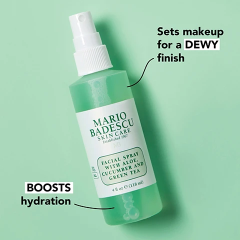 Image 1 - A green bottle of Mario Badescu facial spray with a white label that reads Facial spray with aloe, cucumber and green tea and contains text indicating it boosts hydration and sets makeup for a DEWY finish.
Image 2 - A flat lay of green aloe vera leaves, cucumber slices, and bladdwrack seaweed with text describing their benefits, including mineral-rich bladdwrack extract, soothing aloe vera, and hydrating cucumber extract.