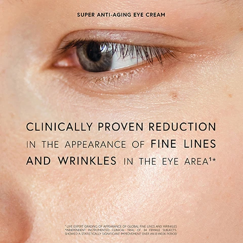 Image 2 - A close-up image shows a human eye and the surrounding skin, with the text SUPER ANTI-AGING EYE CREAM, CLINICALLY PROVEN REDUCTION IN THE APPEARANCE OF FINE LINES AND WRINKLES IN THE EYE AREA¹*, and smaller text below that reads ¹ LIVE EXPERT GRADING OF APPEARANCE OF GLOBAL FINE LINES AND WRINKLES *INDEPENDENT INSTRUMENTED CLINICAL TRIAL OF 34 FEMALE SUBJECTS SHOWED A STATISTICALLY SIGNIFICANT IMPROVEMENT OVER AN 8-WEEK PERIOD. Image 3 - A jar of Dr. Barbara Sturm Super Anti-Aging Eye Cream is open, showing the cream inside, with its white lid slightly off, and the text Super Anti-Aging Eye Cream, Dr. Barbara Sturm Super Anti-Aging Eye Cream, Highly Recommend, Highly recommend for those who have sagging, dry and aging under eye skin concerns, Ausra Z., and Dr. Barbara Sturm Patient. Image 4 - An open white jar of Dr. Barbara Sturm Super Anti-Aging Eye Cream is shown with its lid next to it, revealing the light cream inside, with superimposed text reading Super Anti-Aging Eye Cream, Targets All Visible Signs of Aging For A Youthful Eye Contour.