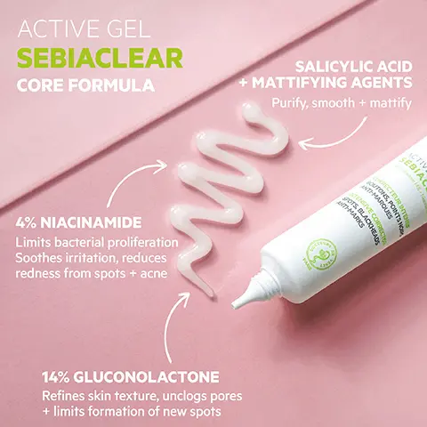 Active gel sebiaclear core formula. Salicylic acid + mattifying agents purify, smooth + mattify. 4% niacinamide limits bacterial proliferation, soothes irritation, reduces redness from spots + acne. 14% gluconolactone refines skin texture, unclogs pores + limits formation of new spots. Reduces spots in just 7 days, hypoallergenic + non-comedogenic, tested on acne prone sensitive skin. 90% ingredients of natural origin. Texture hydrating gel cream leaves no white marks, excellent make-up base. Eco-responsible 100% recyclable packaging, 50% recycled plastic tube. SVR commits, tested on endocurine mechanisms estrogenic, organic and thyroid. tests carried out by an independent laboratory expert in endocrine disruption. Clinical study 42 subjects oily acne-prone skin. How to use, morning + evening apply to whole face after cleansing, use on its own or in addition to dermatological treatments.Serum, treat, cleanse, renew, serum. Sebiaclear routine, skin with spots + or blackheads. Morning, wash-off gel cleanse + ampoule flash treat + SPF50+ cream protect. Evening, Micellar water cleanse + micro-peel, renew + active gel, treat + hydra moisturise as necessary.