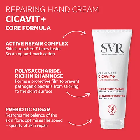 Repairing hand cream, cicavit+ core formula. Active repair complex, skin is repaired 7 times faster, soothing anti-mark action. Polysccharide rich in rhamnose forms a protective film to prevent pathogenic bacteria from sticking to the skin's surface. prebiotic sugar restores the balance of the skin flora optimises the speed + quality of skin repair. How to use, apply to hands, nails + cuticles as often as necessary. Proven efficacy under dermatological control, 8 hour hydration, 43% less dryness, 136% softer, 96% ingredients of natural origin. Volunteers with damaged hands loved it. 100% said hands were immediately soothed. 100% said the product created an invisible barrier film. 95% said hands were repaired with long-lasting results. Texture nourishing cream-balm. Eco-responsible innovative reduced plastic packaging is 100% recyclable + contains 38% recycled material.