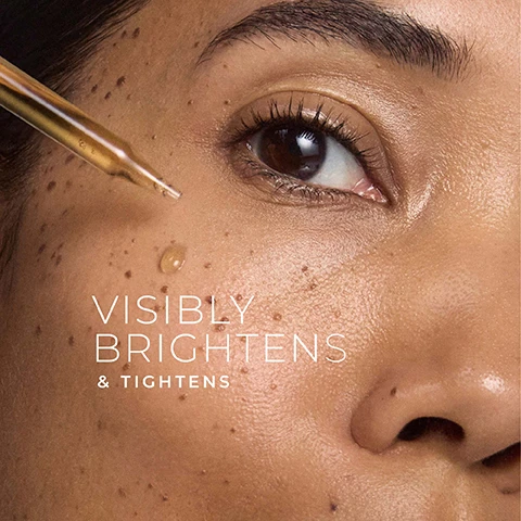 Image 1 - A close-up of a persons face showing an eye and cheek, with a dropper dispensing a drop of golden liquid onto the skin and the text Visibly Brightens & Tightens. Image 2 - A clear liquid dropper is shown above an orange skincare product bottle with liquid overflowing, alongside text that reads 94% HAD INSTANT LUMINOSITY, 100% HAD VISIBLY BRIGHTER, TIGHTER SKIN IN 4 WEEKS, CLINICALLY PROVEN, with the brand name Roc visible on the bottle. Image 3 - A split image shows a persons forehead and eye area with the left side displaying pronounced wrinkles and uneven skin texture, labeled BEFORE, while the right side shows visibly smoother and brighter skin with reduced wrinkles after treatment, labeled 8 WEEKS AFTER UNRETOUCHED IMAGES, with a banner at the top stating CLINICALLY PROVEN TO BRIGHTEN & TIGHTEN. Image 4 - A split image features a golden liquid with visible spheres on the left and a clear, watery substance with bubbles on the right, with the text Patent-Pending Technology, Vitamin C Visibly Brightens, Peptides Visibly Tighten & Firm. Image 5 - A close-up of a glass dropper filled with bubbly golden liquid on a white background, with the text REVITALIZING FORMULA LIGHTWEIGHT & FAST-ABSORBING DERM TESTED. SAFE FOR SENSITIVE SKIN. Image 6 - A close-up shows a dropper applying a serum to skin, next to a black and white headshot of a smiling man, with the text BOARD-CERTIFIED DERMATOLOGIST DR. SCOTT WALTER, MD, FAAD and THIS SERUM IS CLINICALLY PROVEN TO LEAD TO A BRIGHTER SKIN TONE.