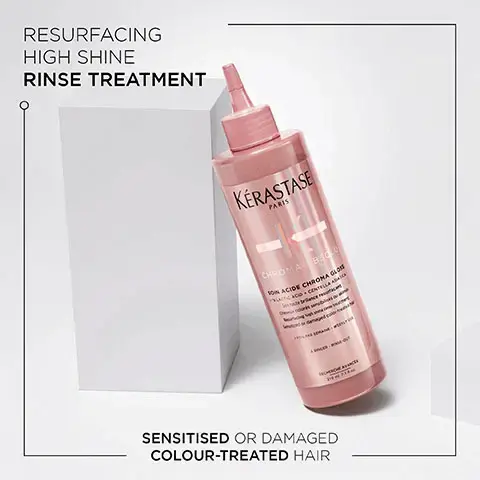 Image 1, Resurfacing high shine rinse treatment- sensitised or damaged colour-treated hair. Image 2, Before and After image- Illustration of the anticipated results obtained after applying the products bain chroma respect, fondant cica chroma, soin acide chroma gloss, serum chroma thermique after one use and styling. Results may vary from one individual to another. Image 3, Chroma Absolu, after 6 weeks, 92% of colour intensity is preserved, up to 74% more shine, up to 96% stronger hair, 98% of women agree that their hair feels nourished- instrumental test.21 applications of bain and fondant vs first day of colour, instrumental test. compared to before treatment with bain, instrumental test. soin acide and serum vs classic shampoo with sensitised hair, consumer test .51 women using bain riche, masque and serum with coloured hair. Image 4, Key Ingredients- Amino Acid, Tartaric Acid, Lactic Acid.