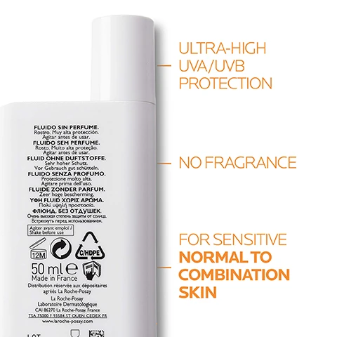 Image 1 - A white bottle of sunscreen labeled FLUIDO SIN PERFUME with multiple language translations, featuring text highlights stating ULTRA-HIGH UVA/UVB PROTECTION, NO FRAGRANCE, and FOR SENSITIVE NORMAL TO COMBINATION SKIN.
Image 2 - A close-up image of a hand applying a creamy product to the skin, with an orange background containing the text APPLY GENEROUSLY TO FACE BEFORE SUN EXPOSURE RE-APPLY FREQUENTLY & GENEROUSLY TO MAINTAIN PROTECTION.
Image 3 - A smooth, white cream is splattered on a light background, with surrounding text that reads ultra resistant to sand, water and sweat, non-sticky, non-greasy, no white marks, very high protection, non-eye stinging.
Image 4 - An image showcasing two skincare products by La Roche-Posay: a brown bottle with a dropper labeled Pure Vitamin C Serum and a white bottle labeled Anthelios UVmune 400 SPF 50+ alongside a beige liquid underneath, with the numbers 1 and 2 prominently displayed above the products.
Image 5 - Image shows three circular images with descriptions: an orange bubble texture labeled Ultra Resistant Protection, a blue bubble texture labeled Thermal Water Prebiotic Water, and a light orange bubble texture labeled Mexoryl 400 Sun Filter.
Image 6 - A bottle of La Roche-Posay Anthelios UVMUNE 400 sunscreen is displayed against a background of varying skin tones, with visible text stating ANTHELIOS UVMUNE 400 TESTED ON ALL PHOTOTYPES 50+ UVA - UVB ULTIMATE PROTECTION.
Image 7 - A gloved hand is holding a white bottle of La Roche-Posay Anthelios UVMUNE 400 sunscreen with an orange logo, featuring text that reads 50+ SPF Très haute protection / Very high protection Fluide invisible/invisible fluid Ultimate protection ultra long-UVA N°1 DERMATOLOGIST RECOMMENDED BRAND FOR SUN PROTECTION IN THE UK.