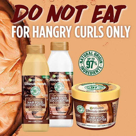 Image 1, do not eat for hangry curls only. up to 97% natural origin ingredients. image 2, restoring cocoa butter. image 3, up to 97% natural origin ingredients. image 4, i'm smooth and a bit of a softie. image 5, yes vegan formula - no animal derived ingredients. yes plant oils. yes dermatologically tested. image 6, approved by cruelty free international under the leaping bunny programme.
