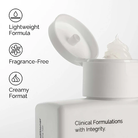 Image 1 - A white product bottle with an open cap shows a swirl of creamy white product emerging, accompanied by feature icons and text Lightweight Formula, Fragrance-Free, Creamy Format, and text on the bottle reads nditioner the hair Clinical Formulations with Integrity. Image 2 - A close-up shows hands applying product to dark, wet, curly hair with labels reading Smooths Hair, All Hair Types, and Lightweight Conditioning. Image 3 - A white, creamy substance is depicted with the text Key ingredient: Behentrimonium Chloride, A lightweight conditioning agent that smooths hair. Image 4 - The image shows three products from The Ordinarys Hair Care range displayed in a horizontal line, consisting of two white squeeze bottles and one amber dropper bottle, with text describing each step of a scalp hydration regimen: A regimen for scalp hydration. CLEANSE Sulphate 4% Cleanser for Body and Hair. Gently cleanses hair. CONDITION Behentrimonium Chloride 2% Conditioner. Conditions and smooths hair. TREAT Multi-Peptide Serum for Hair Density. Supports thicker, denser, fuller-looking hair.