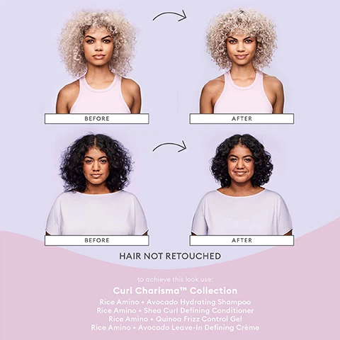 Image 1 - The image shows two women with curly hair, with each of them displayed in a before and after format; the top features a woman with blonde curls and the bottom features a woman with dark curls, both with the text BEFORE and AFTER next to them, and additional text at the bottom listing products from the Curl Charisma Collection, including Rice Amino + Avocado Hydrating Shampoo and others.
Image 2 - Image shows three cosmetic ingredients with descriptions: rice amino acids, avocado oil, and quinoa extract; visible text includes rice amino acids seals the hair cuticle to lock out environmental moisture that causes frizz, avocado oil an antioxidant-rich moisturizer that softens and hydrates curls and coils, quinoa extract nourishes and enhances the texture of curls.
Image 3 - A text image describing Briogeos Curl Charisma Conditioner, stating it is all natural and loaded with goodness for a healthy scalp and hair, with the source credited to Byrdie.
Image 4 - Image of Briogeos Curl Charisma Collection featuring several hair care products in white and purple packaging arranged aesthetically with an avocado and some scattered ingredients, accompanied by the text Curl Charisma Collection moisturizes and helps to define + de-frizz curls.
Image 5 - A tube of Briogeo Curl Charisma leave-in defining crème is situated next to half an avocado on a light purple background, with visible text saying hydrate and define curls.
Image 6 - A circular graphic promoting 6-free hair care, highlighting six exclusions: NO Silicones, NO Harsh Sulfates, NO Parabens, NO Phthalates, NO DEA, and NO Artificial Dyes, with vegan, cruelty-free, and gluten-free icons at the bottom.