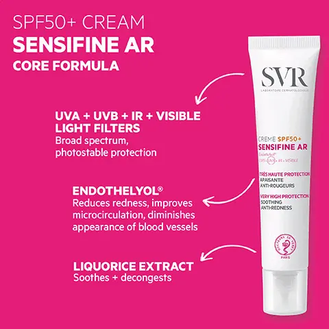 SPF50+ cream sensifine ar core formula. UVA + UVB + IR + Visible light filters, broad spectrum, photostable protection. Endothelyol, reduces redness, improves microcirculation, diminishes appearance of blood vessels. Liquorice extract, soothes + decongests. How to use, before sun exposure, gently apply a sufficient quantity to evenly cover the face + neck, repeat application frequently. Very high sun protection + soothing anti-redness actives. Optimal tolerance, dermatologically tested on 100% sensitive skin. +eco responsible 50% recycled, plastic tube, 100% recyclable. Proven efficacy on rosacea prone + sensitive skin. 96% said the product immediately soothed their skin. 74% said the product relieved redness. After a peel treatment 86% said the product durably soothed their skin.