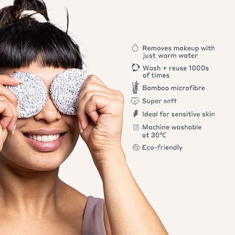 Image 1 - A smiling woman holds two round, gray makeup remover pads over her eyes while displaying text that highlights the benefits of the product: removes makeup with just warm water, wash + reuse 1000s of times, bamboo microfibre, super soft, ideal for sensitive skin, machine washable at 30°C, eco-friendly.
Image 2 - An illustration comparing the texture of dry and wet microfiber bamboo swipes, with the text WIPE OUT and Microfibre Bamboo Swipes at the top, and DRY and WET labels at the bottom.