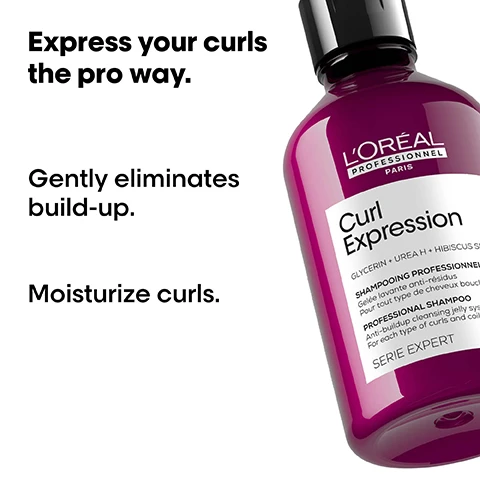 Image 1 - A purple bottle of LOréal Professionnel Curl Expression shampoo with a black cap, featuring text that states Express your curls the pro way, Gently eliminates build-up, and Moisturize curls.
Image 2 - The image shows four pairs of Before and After comparisons of curly hairstyles, with the top two showing different curly textures and the bottom two featuring tightly coiled curls, along with a product display and the text Express your curls the pro way.
Image 3 - Three hair care products are displayed: a shampoo bottle labeled Curl Expression, a jar labeled Curl Expression, and a tube labeled Curl Expression, accompanied by the text The curl protection professional routine and numbered steps 01 Cleanse, 02 Treat, and 03 Detangle & Protect.
Image 4 - A close-up image of a pink liquid in a round glass container, with visible text that reads THE TECH Urea H + Hibiscus Seed Super hydrating actives.
Image 5 - A collage of three images demonstrating hair care steps: a woman with curly hair applying product, a close-up of lathering hair, and a person using a hair dryer, with the text How to apply like a Pro and steps 01, 02, and 03 listed.