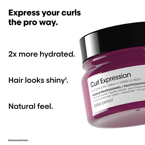 Image 1 - A jar of Curl Expression hair masque is displayed, with text that says Express your curls the pro way, 2x more hydrated, Hair looks shiny, and Natural feel.
Image 2 - Four images show before and after comparisons of curly hairstyles with two images on top and two on the bottom, accompanied by hair care products at the bottom; visible text includes Not retouched and Express your curls the pro way.
Image 3 - Image of three hair care products from LOréals Curl Expression line, including a shampoo bottle, a treatment jar with cream, and a styling cream tube, with the text A curl protection professional routine and numbered steps for 01 Cleanse, 02 Treat, and 03 Detangle & Protect.
Image 4 - A round flask with a swirling pink liquid inside is shown against a black background, with visible text reading Urea H + Hibiscus Seed and Super hydrating actives.
Image 5 - Image shows a three-step guide for applying hair products, featuring a woman with curly hair at the top right, and numbered instructions for each step: 01 Wet your hair. Apply shampoo. Rinse. 02 Towel dry and section hair. Scoop 2 fingers-worth of product per section. Lather. Work through your curls from 1-2 min. Rinse. 03 Air dry or blow dry.