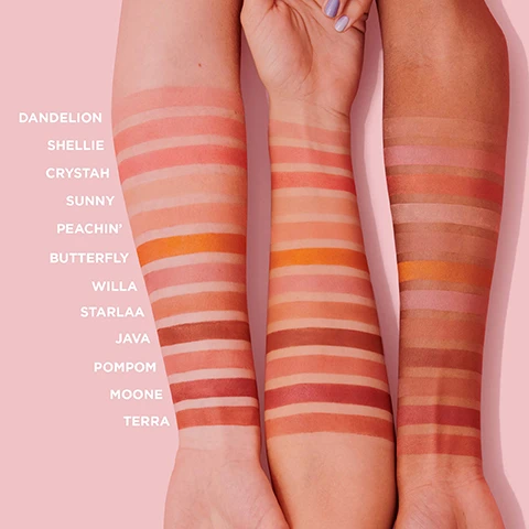 Image 1 - Three arms displaying a variety of skin tones with swatches of different blush shades arranged in horizontal stripes on the forearms, labeled with color names including Dandelion, Shellie, Crystal, Sunny, Peachin’, Butterfly, Willa, Starlaa, Java, Pompom, Moone, and Terra.
Image 2 - An array of colored powder cosmetics arranged in a grid, with visible labels including Silky-soft powder, Airbrushed & blurring effect, Blendable & buildable, Ultra-fine, Satins, shimmers & mattes, and Weightless.