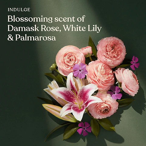 image 1, induldge = blossoming scent of damask rose, white lily and palmarosa. image 2, made with - avocado oil, apricot oil. image 3, cruelty free, vegan product, 0% mineral oil, contains recycled plastic.