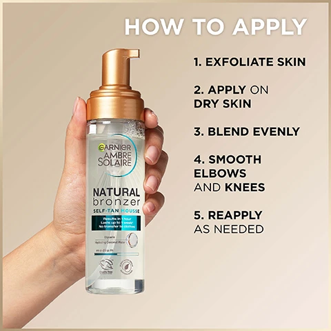 Image 4 - A hand holding a bottle of Garnier Ambre Solaire Natural Bronzer self-tan, with instructions for application on the right, listing five steps: 1. Exfoliate skin 2. Apply on dry skin 3. Blend evenly 4. Smooth elbows and knees 5. Reapply as needed.
Image 5 - A hand holding a pump bottle of lightweight mousse texture product with a foam application on the fingertips, accompanied by text that reads LIGHTWEIGHT MOUSSE TEXTURE, EASY TO APPLY, STREAK-FREE, NON-STICKY, DRIES QUICKLY.
Image 6 - An image showing a woman with a tan skin tone wearing a beige bikini, with her arms crossed over her chest against a neutral background, and text that reads Streak-free, Quick dry, Natural tan, Lasts up to 1 week, Transparent formula - coconut fragrance, Instrumental test, 22 subjects after 1 application.
Image 7 - Image of a bottle of natural moisturizer with labels indicating it is enriched with coconut water and glycerin, along with notes stating it is suitable for sensitive skin and tested under dermatological control.