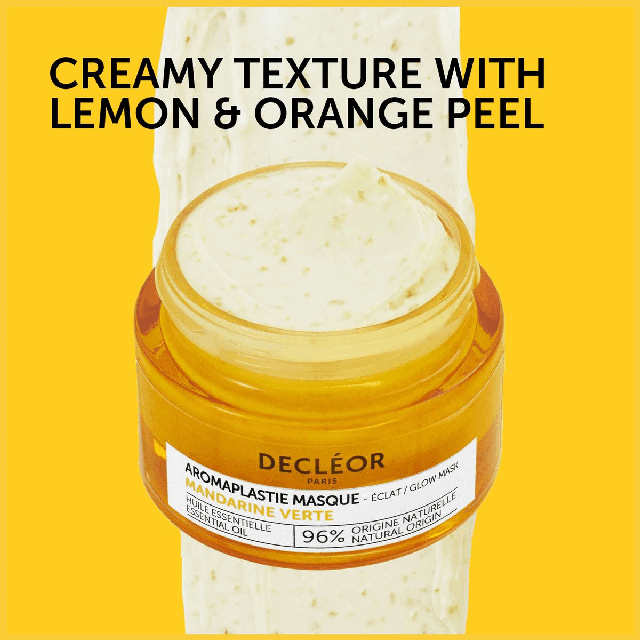 Image 1, creamy texture with lemon and orange peel. Image 2, green mandarin essential oil, lemon and orange peel, lin seed and wheat germs extract. Image 3, proven skin efficacy 94% of women agree product gave a healthy glow* after application. 93% said skin looked revitalized as if energised*** at 4 weeks 100% said the product gives a wellbeing sensation *test results on 73 women. Image 4, glowing routine. Image 5, masks range