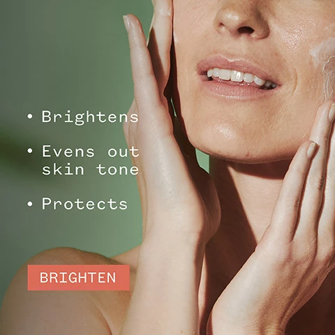 Image 1 - A woman with a glowing complexion is applying skincare to her face, with text beside her listing benefits: Brightens, Evens out skin tone, Protects, and a button labeled BRIGHTEN.
Image 2 - A bottle of Pai C-2 Believe Vitamin C Brightening Moisturizer is displayed on a light background, accompanied by the text 91% agreed their skin looked more radiant* and logos for vegan and organic certifications, along with a note about a two-week consumer trial of 114 subjects.