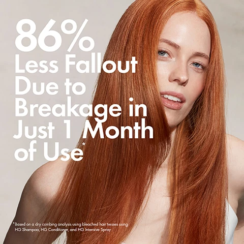 Image 1 - A woman with long, smooth red hair looks at the camera, with the text 93% Saw Less Shedding, 3% Procapil® Strengthens Hair, and a footnote stating Based on a 1-month consumer perception study with 30 participants using HG Shampoo, HG Conditioner, and HG Procapil® Tonic. Image 2 - A person applies hair product from a white bottle with a pointed tip onto their scalp along a hair part, with on-screen text instructions: How To Use, Part hair & apply a small amount directly to scalp, Gently massage in with fingertips, Apply once a day, either morning or night. Image 3 - A black bottle of Bondi Boost Intensive Scalp Spray and a white bottle of Bondi Boost HQ Procopil Scalp Tonic are displayed on stone blocks with aloe vera, with accompanying text that reads Intensive Spray Use A.M. Promotes thicker, fuller-looking hair, Procopil Hair Tonic Use P.M. Reduces hair fall out & increases density, and Best Mates for Scalp Care. Image 4 - A collection of Bondi Boost hair care products, including large bottles of HG Shampoo and HG Conditioner, a jar of Intensive Scalp Therapy, and smaller bottles of HG Hair Thickening Spray, HG Duo Shampoo, and HG Hair Growth Tonic, are displayed on textured stone blocks with green palm fronds and aloe vera plants, alongside the visible text Formulated With Australian Native Extracts.