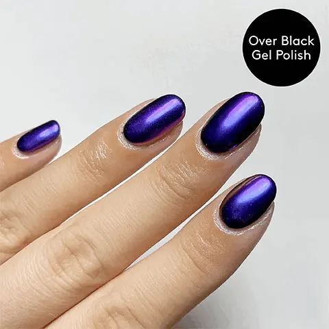 Image 1 & 2 shows the product modelled over a black nail polish. Text- Over black gel polish. Image 3 & 4 shows the product modelled over a nude nail polish. Text- over nude gel polish