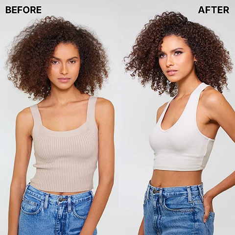 Image 1 - A split image shows a woman with voluminous, less defined curly hair on the left, and the same woman with more defined, styled curly hair on the right, with the text BEFORE and AFTER. Image 2 - A hand holds an open white jar of Curl Wow Curl Coco-Motion Lubricating Conditioner that restores fluidity + elasticity for super springy curls, with text around it detailing benefits and ingredients: Deep-down moisture, Lubricates within, Marula + Coconut Oil x Profaxil-18 Complex, Renews bounce + spring, Silky soft texture, and 295 mL e NET WT 10 OZ (282g). Image 3 - A diagram illustrates nine distinct hair curl patterns, categorized from wavy to coily, with labels 2a, 2b, 2c, 3a, 3b, 3c, 4a, 4b, 4c, and a pink banner at the bottom that reads FOR CURL TYPES 3A-4C. Image 4 - A white squeeze tube of Curl Wow Coco-Motion Lubricating Conditioner stands upright on a white background, featuring the text CURL WOW curl COCO-MOTION Lubricating Conditioner Après-shampoing lubrifiant Restores fluidity + elasticity for super springy curls Rend vos cheveux plus fluides et plus élastiques pour des boucles rebondies 60 ml 2.0 FL OZ TRAVEL SIZE.