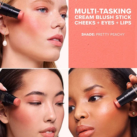 Image 1 - Image shows three women applying a cream blush stick to their cheeks, with the product featured prominently; visible text includes MULTI-TASKING CREAM BLUSH STICK CHEEKS + EYES + LIPS and SHADE: PRETTY PEACHY.
Image 2 - A close-up of a woman with dark, curly hair shows instructions for makeup application: 1 CHEEKS - DRAW, STRIPE & BLEND FOR A LONG WEARING BUILDABLE BLUSH, 2 EYES - APPLY TO EYES FOR ALL OVER FACE COLOR, 3 LIPS - TAP ONTO LIPS FOR SOFT CREAM COLOR and the phrase EASY STRIPE, BLEND, GO.
Image 3 - Image shows three women applying different types of blush sticks on their cheeks, with visible text describing the product types, textures, finishes, and benefits of the Nudies blush line.
Image 4 - Image of stacked makeup sticks in shades of pink and brown with the text: SKIN-LOVING MAKEUP THATS ALL YOU, Minimalist clean, skin-loving ingredients that you can always feel good about, MOISTURIZING & NATURAL ANTIOXIDANT, Vitamin E, ANTI-AGING & ANTI-OXIDANT, Green Tea, 45% EMOLLIENT-RICH COMPLEX.
Image 5 - Two arms are shown side by side with various lip color swatches in shades of peach, pink, and nude; the left arm displays swatches labeled Dolce Darlin, Nude Buff, Juicy Melons, Pretty Peachy, and Rosy Posy.
Image 6 - Image showing five makeup sticks on a white background with swatches of colors beneath each, labeled from top to bottom as Nude Buff, Pretty Peachy, Rosy Posy, Juicy Melons, and Dolce Darlin, with the title Luxuriously Softmatte Lux and the description Nudes / Corals / Pinks.
Image 7 - Image of three blush balm sticks with visible text that reads LUXURIOUSLY SOFT BLUSH BALM For Cheeks + Eyes + Lips On The Go EASY TO BLEND Cream-To-Powder formula Made in Korea Softest Matte, Blurring Blush Color LONG WEARING Non-drying, non-feathering, Performance Pigments FRESH COLOR PAYOFF Clean High-Performance Blush Color.
Image 8 - A black container holds a cosmetic product labeled NUDIES ALL OVER FACE COLOR next to a rectangular travel mirror, with text that reads SAVE A TIN! and TRAVEL TO-GO MIRROR.