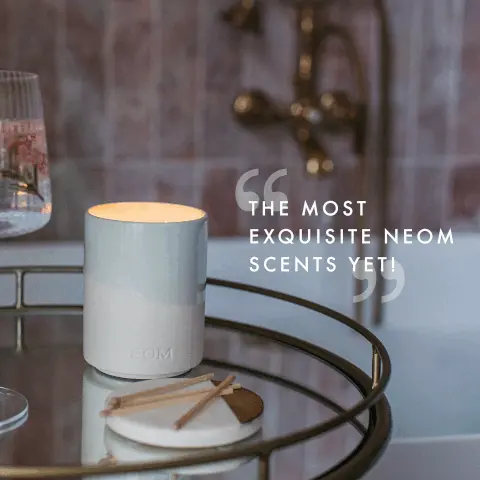 Image 1, the most exquisite neom scents yet. Image 2, ylang ylang, vetivert and tonka bean, rich and intoxicatingly exotic. Image 3, sustainably chic ceramic candles, created for you to light and enjoy keep and reuse