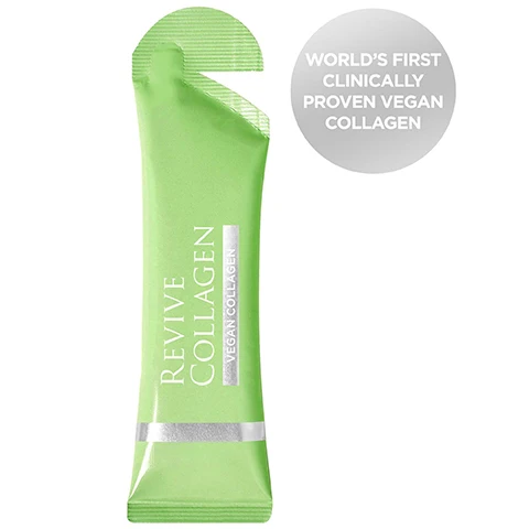 Image 1 - A light green supplement sachet with a tear notch at the top features the text REVIVE COLLAGEN and VEGAN COLLAGEN, and a grey circular badge in the upper right corner that reads WORLDS FIRST CLINICALLY PROVEN VEGAN COLLAGEN. Image 2 - A light green background displays a bright green sachet of Revive Collagen with some spilled red liquid and a small red capsule, alongside text that reads: REVIVE COLLAGEN, VEGAN COLLAGEN, Worlds first clinically proven vegan collagen, Clinically proven vegan collagen alternative (VeCollal®), Panax Ginseng - Antioxidant & inflammatory that helps to reduce fine lines & wrinkles, Retinol - Boosts collagen production & skin renewal for a radiant complexion, Biotin - Helps to stimulate keratin production & promotes healthy hair, Vitamin B6 - Helps to reduce tiredness & fatigue, 100% Vitamin C & D - Powerful antioxidant that helps aid in collagen production & works to brighten the skin, Vitamin E - Supports the immune system & skin health, Great-tasting Raspberry flavour! Image 3 - A split image of a young womans face before and after treatment, showing the left side with noticeable redness and uneven skin tone, and the right side with clearer, less red skin, labelled BEFORE and AFTER. Image 4 - A light green Revive Collagen sachet floats on water with ripples and bubbles, displaying the text -14.1% reduction in wrinkles in a green circle and Revive Collagen Vegan on the sachet. Image 5 - A stack of five light green boxes, each labeled Revive Collagen with a silver vertical stripe, stands beside a white potted aloe vera plant, with a green circle overlay in the bottom left corner stating 80-90% had improvements to their skin in just 4 weeks! Image 6 - Light green collagen sachets are arranged in a circle on a green background with a central green circle stating -16.3% reduction in skin redness, and each sachet is labeled Revive Collagen Vegan Collagen.