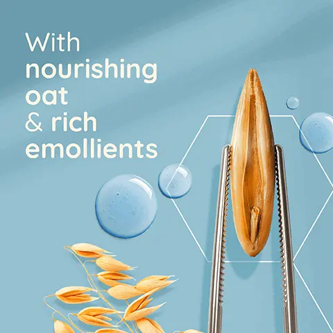 Image 1, With nourishing oat and rich emollients. Image 2, suitable for sensitive skin, suitable for people who may be prone to eczema. Image 3, Now with a recyclable pump. Image 4, vegan formula, high tolerance formula and unscented. Image 5, New look NOW with recyclable pump and bottle