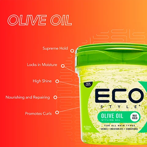 Image 1 - A green jar of Eco Style Olive Oil Styling Gel with visible benefits listed including Supreme Hold, Locks in Moisture, High Shine, Nourishing and Repairing, and Promotes Curls, set against a gradient background of red to orange with the text OLIVE OIL prominently displayed.