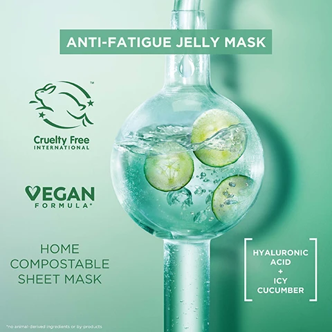 Image 1 - An image displays a clear glass vessel with water and cucumber slices, surrounded by text including Anti-Fatigue Jelly Mask, Cruelty Free International, Vegan Formula, Home Compostable Sheet Mask, Hyaluronic Acid + Icy Cucumber, and a small note no animal-derived ingredients or by products. Image 2 - A white regular tissue mask is displayed next to a translucent cryojelly mask on a teal background with text that reads Regular Tissue Mask, Cryojelly Mask, Discover The New Jellified Tissue. Image 3 - The image shows Garnier SkinActive Hyaluronic Cryo Jelly sheet mask and eye patches packaging with cucumber slices and ice cubes, placed on a light green background with a misting bottle and scientific glassware, featuring the text NEW 30% PAPER-BASED SACHET, BIODEGRADABLE MASK BY HOME COMPOST, 4% GLYCERIN + HYALURONIC ACID + MENTHOL, TIRED SKIN, -7°C SKIN COOLING, 15min, VEGAN FORMULA, X1 SHEET MASK, TIRED EYES, -7°C, DISCOVER THE CRYO JELLY RANGE, FOR AN INSTANT BOOST OF FRESHNESS.