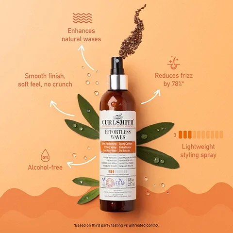 Enhances natural waves. Reduces frizz by 78%. Smooth finish, soft feel. no crunch. Lightweight styling spray. Alcohol-free. Based on third party testing vs untreated control