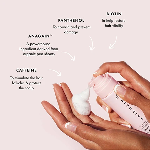 Image 1 - Hands dispensing foam from a pink bottle onto a hand, with text descriptions of ingredients ANAGAIN A powerhouse ingredient derived from organic pea shoots, CAFFEINE To stimulate the hair follicles & protect the scalp, PANTHENOL To nourish and prevent damage, BIOTIN To help restore hair vitality, and text on the bottle HAIRGAIN SCALP FOAM LEAVE ON SCALP TREATMENT TARGETS HAIR LOSS REDUCES HAIR BREAKAGE FOR THICKER STRONGER HAIR 50ml e 1.69 fl.oz. Image 2 - A hand holds a pink pump bottle of hair product with text HAIRGAIN LEAVE-ON SCALP TREATMENT RESTORES HAIR SHINE, and text beside it reads Deeply penetrates the scalp and absorbed quickly, Application is easy and directional, minimising wastage, and Halal Certified with the Halal symbol. Image 3 - Two photos show a persons scalp before and after a treatment with labels BEFORE and AFTER. Image 4 - Before and after images show increased hair density at the scalp along the part, labeled BEFORE and AFTER. Image 5 - Hands dispense foam from a pink Hair Gain bottle into a palm next to instructions that read HOW TO USE LEAVE IN SCALP TREATMENT Use on dry or towel dried hair Apply directly to your scalp & hairline Massage in, no need to rinse Can be applied daily. Image 6 - Hand dispensing white foam from a pink bottle labeled HAIRGAIN LEAVE-IN SCALP TREATMENT REDUCE HAIR SHEDDING GET THICKER FULLER HAIR SCALP FOAM with text Reduces hair breakage and hair fall by up to 60% from the first use.