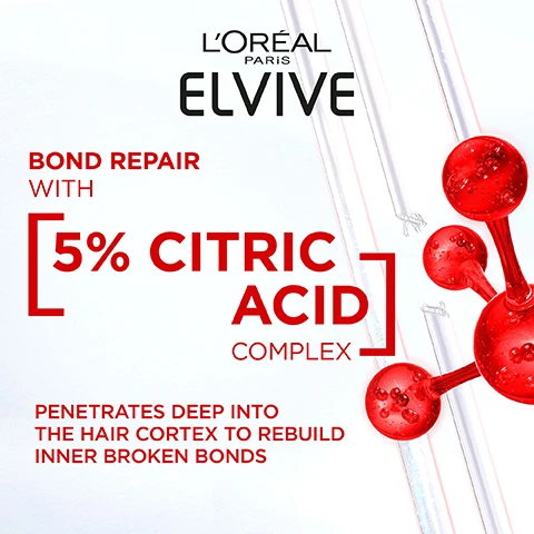 Image 1 - Image showing a hair care product advertisement featuring the LOréal Paris Elvive logo, with text that reads BOND REPAIR WITH 5% CITRIC ACID COMPLEX and PENETRATES DEEP INTO THE HAIR CORTEX TO REBUILD INNER BROKEN BONDS.
Image 2 - Image showing four hair treatments with two before images and two bonded images for each hair type, highlighting damaged hair conditions such as breakage, split ends, frizz, dryness, and dullness, with visible text: FOR ALL TYPES OF DAMAGED HAIR BREAKAGE SPLIT ENDS FRIZZ DRYNESS DULLNESS.