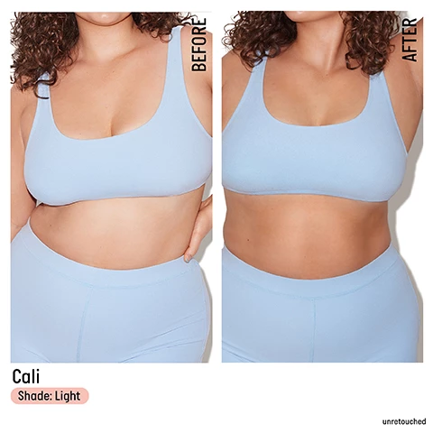 cali wears shade light, unretouched before and after. Image 2, hydrating. firming, brightening