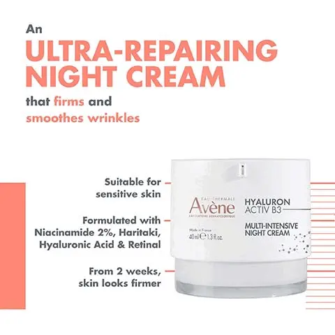 Image 1, an ultra repairing night cream that firms and smoothes wrinkles, suitable for sensitive skin, formulated with niaicinamide 2% haritaki hyaluronic acid and retinal and from 2 weeks skin looks firmer. Image 2, in the morning the skin is soothed, plumped and regenerated. Image 3, creamy texture, non greasy and non sticky finish, orange  tint due to presence of retinal. Image 4, Image shows a collection of Avene skincare products arranged in a row, labeled with numbers and categories: 1. BOOST - HYALURON ACTIV B3 Concentrated Plumping Serum, 2. CORRECT - HYALURON ACTIV B3 Triple Correction Eye Cream, 3. REGENERATE - HYALURON ACTIV B3 Cell Renewal Cream, 4. REPAIR - HYALURON ACTIV B3 Multi-Intensive Night Cream.