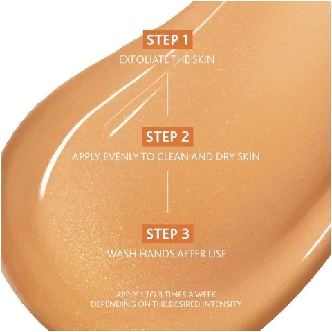 step 1 = exfoliate the skin. step 2 = apply evenly to clean and dry skin. step 3 = wash hands after use. apply 1 to 3 times a week depending on the desired intensity.