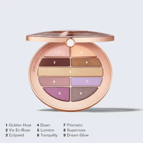 1 golden hour, 2 vie en rose, 3 eclipsed, 4 dawn, 5 lumiere, 6 tranquility, 7 prismatic, 8 supernova and 9 dream glow