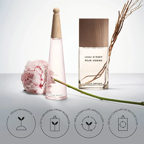 Image 1, vegan fragrances, up to 95% natural origin fragrances, 100% wooden caps, without plastic, 20% post consumer use recycled glass. Image 2, issey miyake l'eau d'issey ranges. eau de toilette = floral and elegant. eua de toilette intense, eau and magnolia = petally and luminous. eau de toilette intense, pivoine = floral and fruity. eua de parfum = luminous and refined. eau de parfum intense rose and rose = generous and fruity. Image 3, 87% natural origin ingredients.