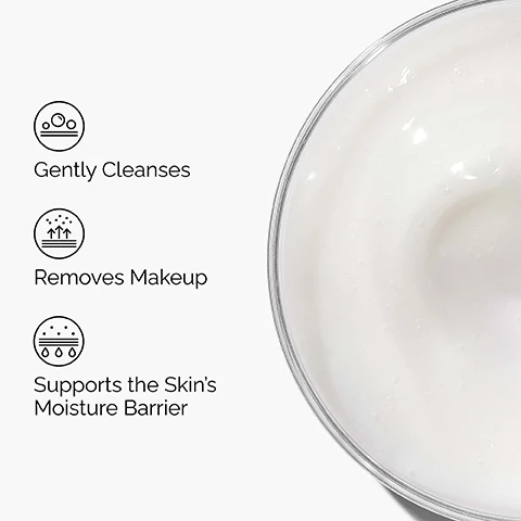 Image 1 - A white creamy product fills the right side of the image in a clear dish, while the left side displays three icons with text descriptions: Gently Cleanses, Removes Makeup, and Supports the Skins Moisture Barrier. Image 2 - Close-up of a persons face applying a clear, glossy product to their cheek with their fingers, with visible text reading Gently Cleanses and Removes Makeup. Image 3 - A graphic features several white, glossy, dome-shaped blobs against a light background, with text reading: Key ingredient in Glycolipid Cream Cleanser: Glycolipids. Gentle biosurfactants which cleanse skin to remove facial impurities. Image 4 - A grid-like display shows a five-product skincare regimen from The Ordinary, featuring white bottles and tubes with gray labels, arranged under headings for PREP, TREAT, and SEAL, each accompanied by a swirl of product texture, with visible text reading Our Glass Skin Regimen, PREP Glycolipid Cream Cleanser, Saccharomyces Ferment 30% Milky Toner, Multi-Active Delivery Essence, TREAT Niacinamide 10% + Zinc 1%, and SEAL Natural Moisturizing Factors + PhytoCeramides. Image 5 - The image displays a guide titled Pick Your Cleanser, showcasing three distinct cleansers with their descriptions: Glucoside Foaming Cleanser is shown with a clear gel and foam, described as a Gel-like foaming cleanser, Cleanses skin and maintains barrier, Suitable for all skin types, including oily skin; Glycolipid Cream Cleanser is represented by a white cream, described as a Cream-based formula, Cleanses skin and removes makeup and dirt, Suitable for all skin types; and Squalane Cleanser is depicted with a white balm, described as a Balm-to-oil like format, Cleanses and removes makeup and dirt, Suitable for all skin types, including dry skin.