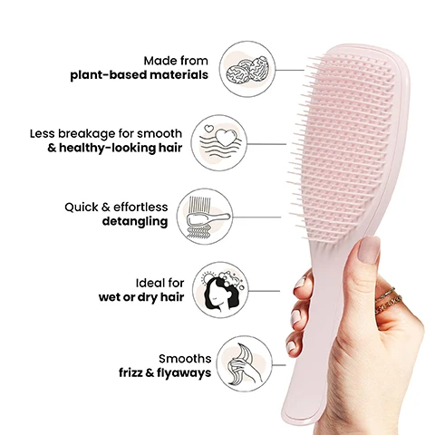 Image 1 - A person is holding a light pink hairbrush featuring icons and text that highlight its benefits, including Made from plant-based materials, Less breakage for smooth & healthy-looking hair, Quick & effortless detangling, Ideal for wet or dry hair, and Smooths frizz & flyaways.
Image 2 - A woman with dark, wet hair is brushing her hair with a pink comb, accompanied by text that reads Regular-flex teeth for straight to curly hair and 85% plant-based plastic.
Image 3 - Image shows a comparison of hair before and after use of a plant-based brush, with the left side depicting slightly frizzier hair and the right side showing smoother, straighter hair, accompanied by text stating 100% agree the teeth of the brush felt gentle on their scalp and 93% agree they would swap for the plant-based brush, with a footnote about the research conducted.
Image 4 - An infographic displays three hairbrush sizes labeled MINI, REGULAR, and LARGE, with corresponding dimensions and hair type icons for fine, straight, curly, and coily hair, alongside the phrase For daily detangling on the REGULAR brush.