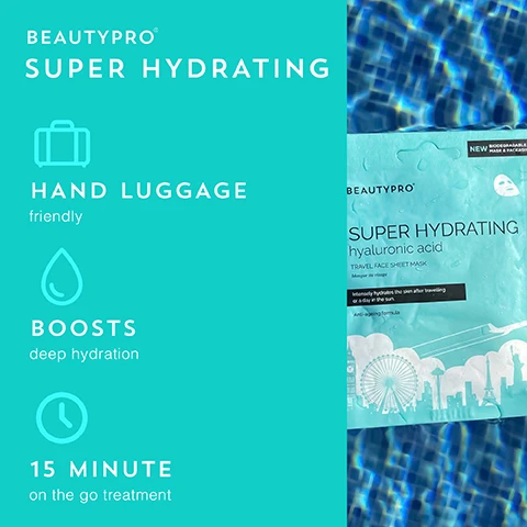 Image 1 - Image showing a product package for BEAUTYPRO Super Hydrating hyaluronic acid travel face sheet mask with a turquoise background, featuring text indicating it is hand luggage friendly, boosts deep hydration, and provides a 15-minute on-the-go treatment.
Image 2 - Image shows three clear dishes containing natural ingredients: soybean seeds labeled Locks in moisture, a wild rose flower labeled Tones + brightens, and a chamomile flower labeled Calms + soothes.
Image 3 - Image shows a teal packaging of a face sheet mask titled SUPER HYDRATING Hyaluronic Acid Travel Face Sheet Mask by BEAUTYPRO with five stars rating and a testimonial describing the refreshing and hydrating effects of the mask.
