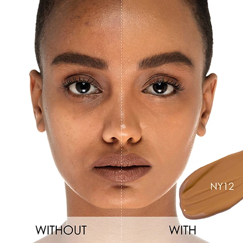 Image 2 - Image shows a womans face split down the middle, with the left side showing her natural appearance and the right side showing her skin enhanced with makeup, accompanied by a swatch labeled NY12.
Image 3 - Image shows a grid of 16 faces with various skin tones, labeled with shade numbers, titled Neutral Undertone HY:GLAM Concealer, and attributed to Natasha Denona.
Image 4 - Image of six arms displayed side by side, showcasing different shades of concealer with color labels that include C4, C3, C2, P5, Y10, Y12, Y11, RP6, N5, N2, and more, under the title HY·GLAM CONCEALER Brightening & Hydrating Crease-Proof Serum Concealer & Corrector.
Image 5 - An instructional graphic for finding the right shade of HY·GLAM concealer, featuring a flowchart for identifying undertones based on the color of wrist veins, suggested blush colors, and images of diverse skin tones labeled fair, light, medium, tan, dark, and deep.
Image 6 - Image of a guide showing different concealer application results on various skin tones for correcting under-eye circles and hyperpigmentation, with labeled sections: BLUE OR PURPLE UNDER-EYE CIRCLES, DARK BROWN UNDER-EYE CIRCLES, and HYPERPIGMENTATION, along with suggestions for selecting concealer shades based on skin tone.
Image 7 - Image shows a chart titled Shade Code Breakdown for the HY-GLAM Concealer by Natasha Denona, listing various shade codes and their descriptions, including identifiers like N for Neutral and P for Peach, among others.
Image 8 - Image of a Natasha Denona HY:GLAM Concealer with the product packaging and a description of its features such as clinically proven results, dark circle reduction, under-eye puffiness reduction, anti-aging benefits, and more, including visible text about its characteristics like medium-buildable coverage, lightweight finish, and that its crease-proof and talc-free.
Image 9 - An image of a concealer applicator with a pointed tip and hollow reservoir, accompanied by a container of Natasha Denonas HY GLAM Concealer, featuring labeled descriptions for its uses: pointed tip for precise areas, hollow reservoir for the ideal amount of product, and flat side for larger areas of coverage.